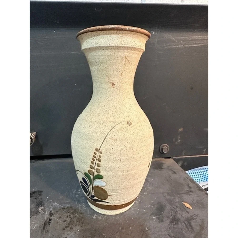 Vintage Mexican Folk Art Pottery Vase Bird Floral‎ Cancun Signed Stoneware 10.5
